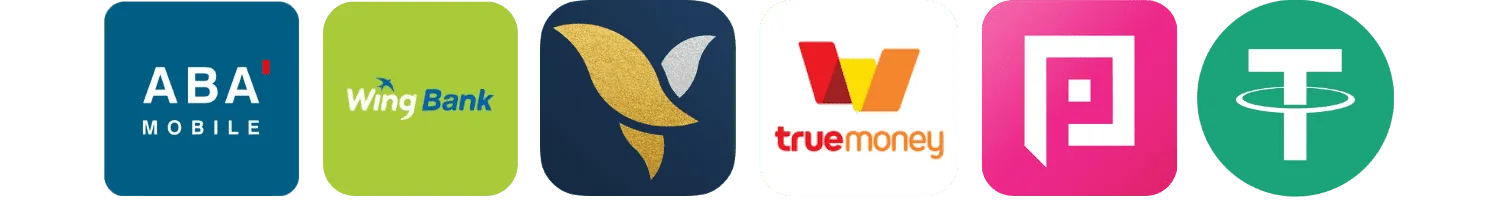 ABA, Wing, Bakong, TrueMoney, Pi Pay and USDT payment logos